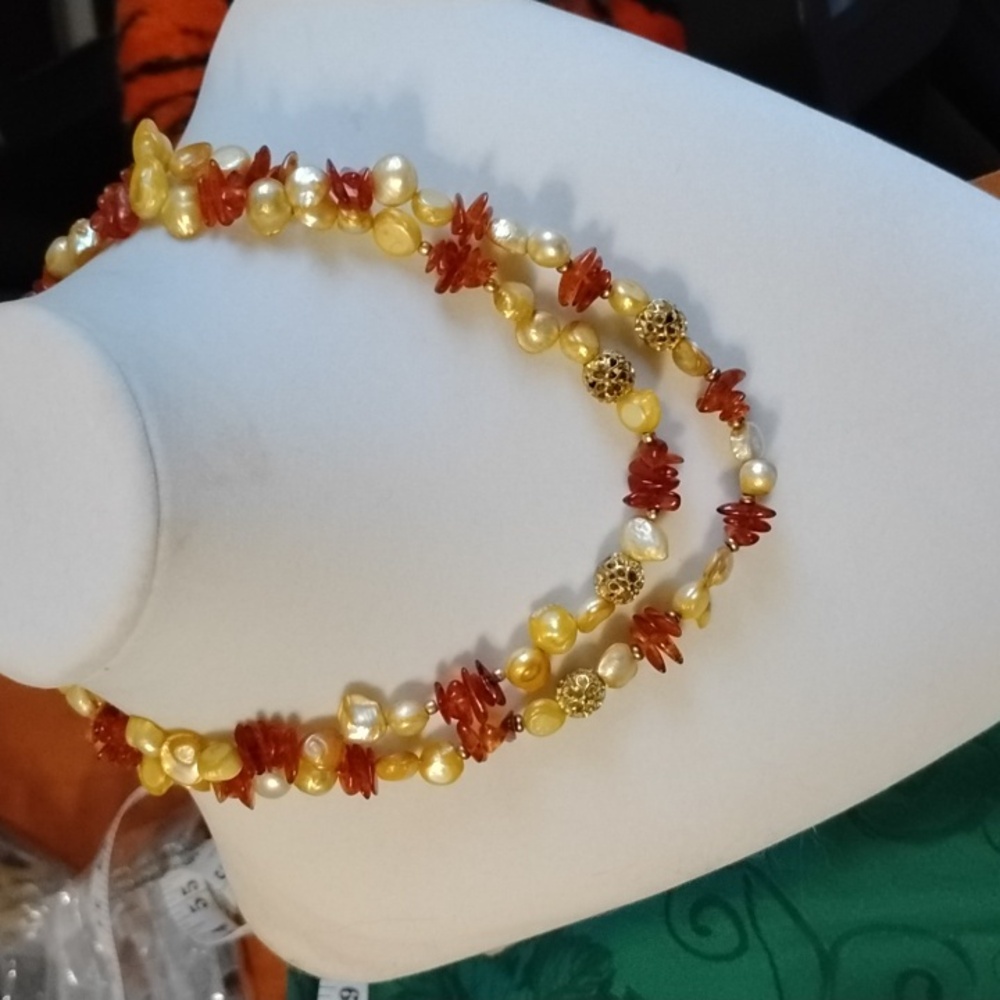 🎃Hand Crafted double strand Keshi Pearls And Amber Beaded Necklace🎃 - Picture 8 of 8